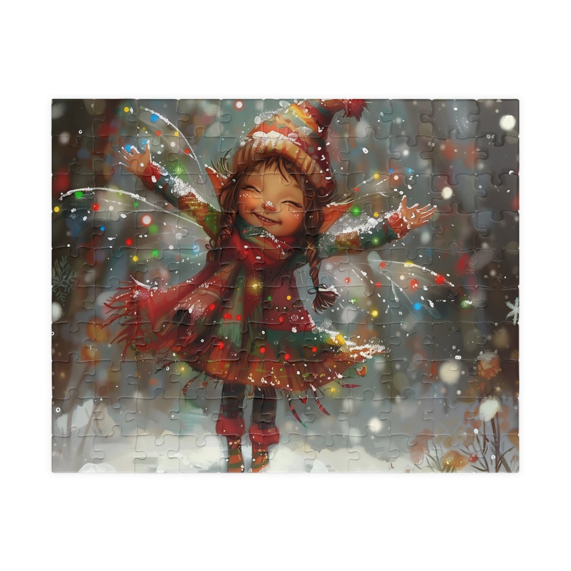 Joyful Elf Girl Dancing In Falling Snow Holiday Jigsaw Puzzle Print - Image 5