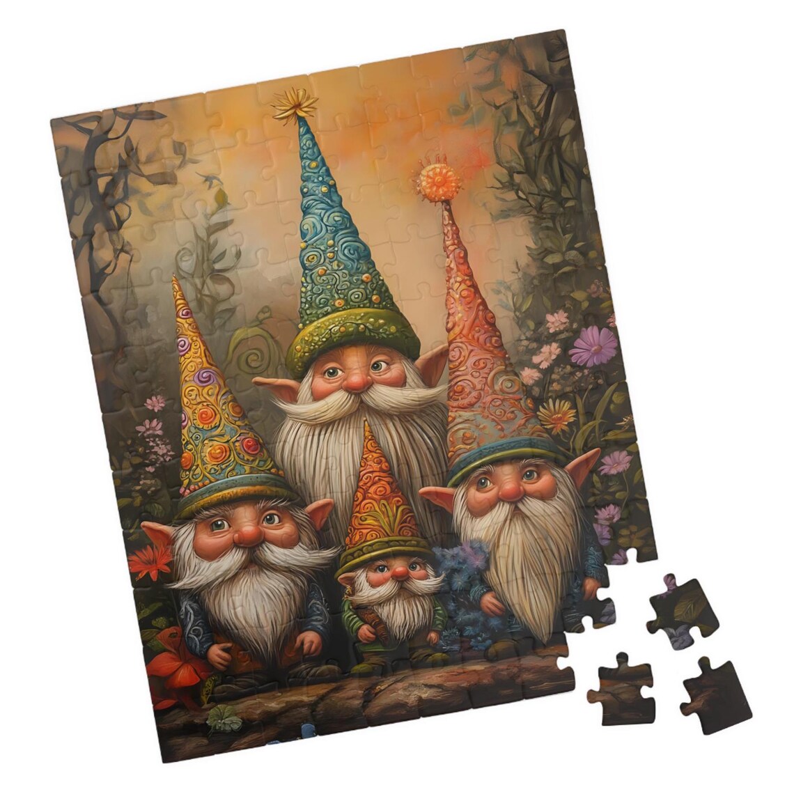 Four Gnomes Tall Patterned Hats Forest Flowers Whimsical Poster