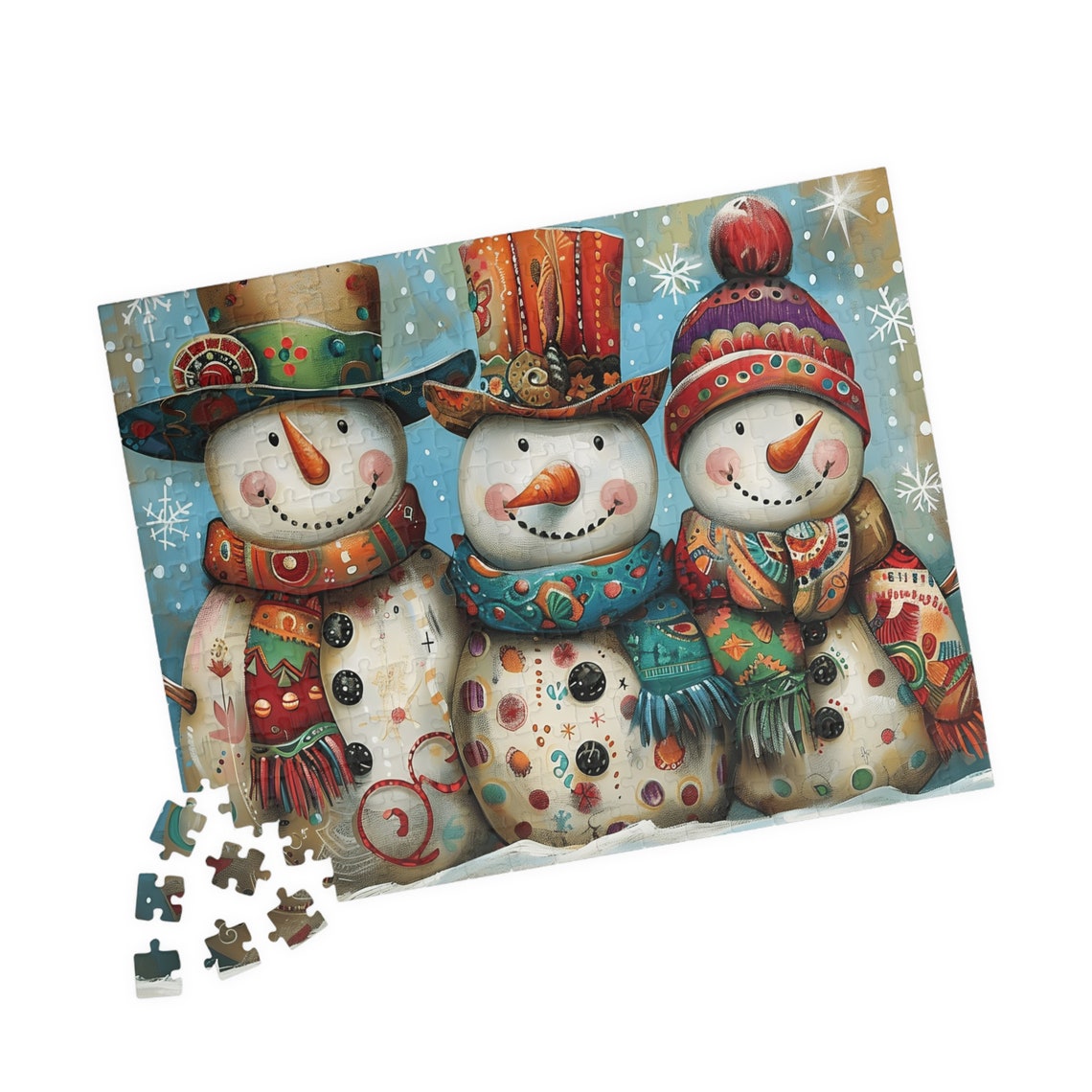 Three Whimsical Snowmen In Tall Decorated Winter Hats Art Poster - Image 2