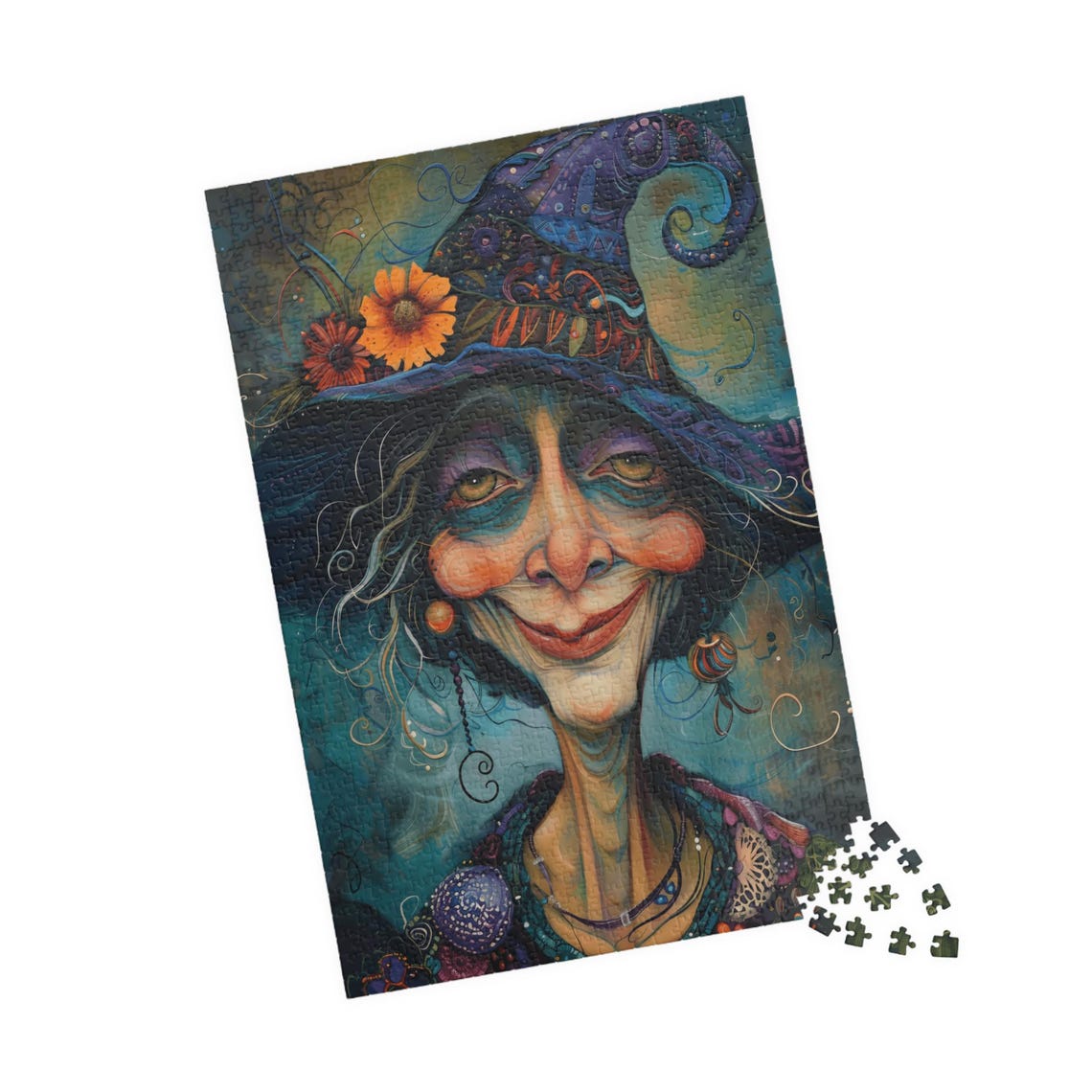 Smiling Witch Wearing a Patterned Purple Hat Portrait Poster - Image 5