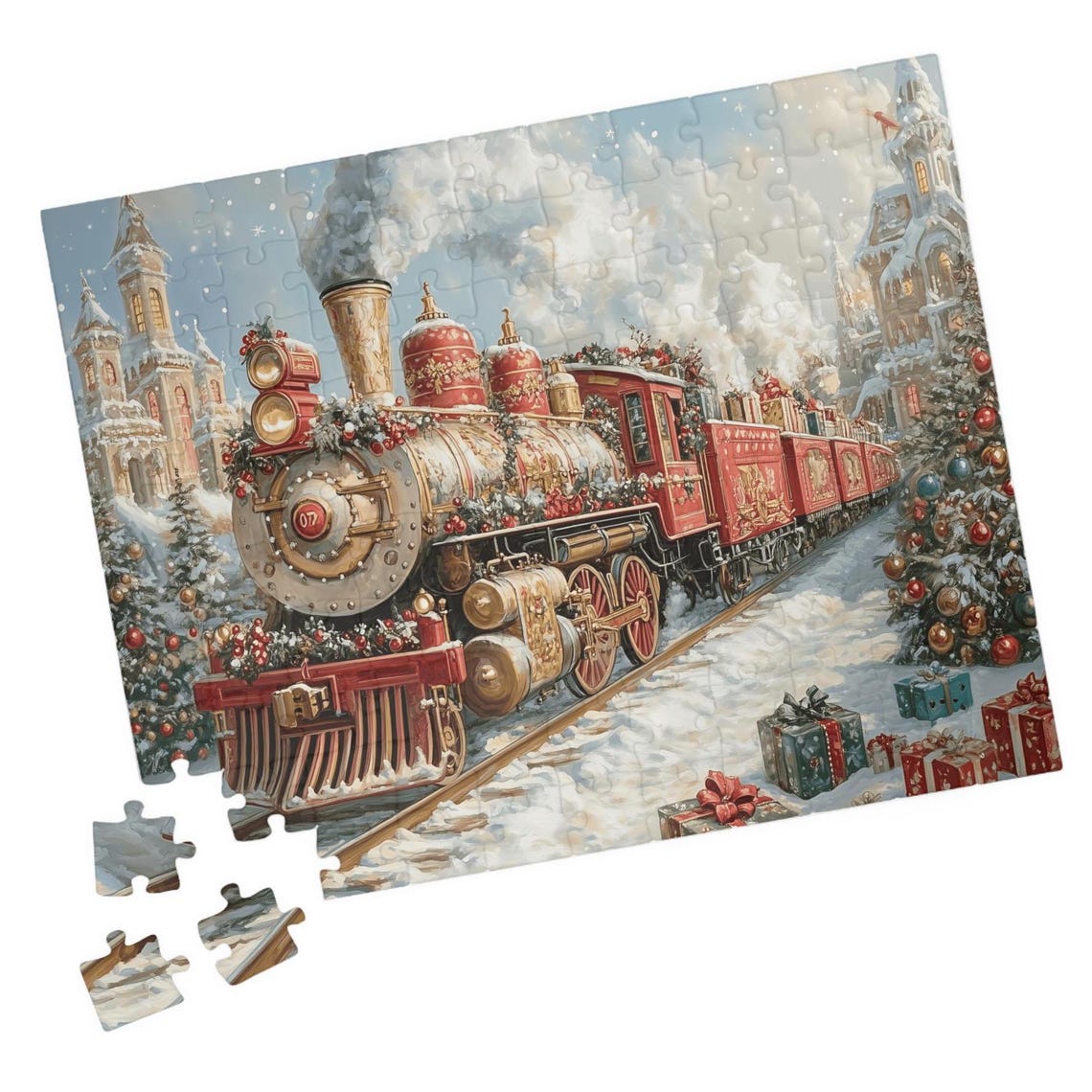 Red and Gold Christmas Train in a Snowy Village Scene Art Print