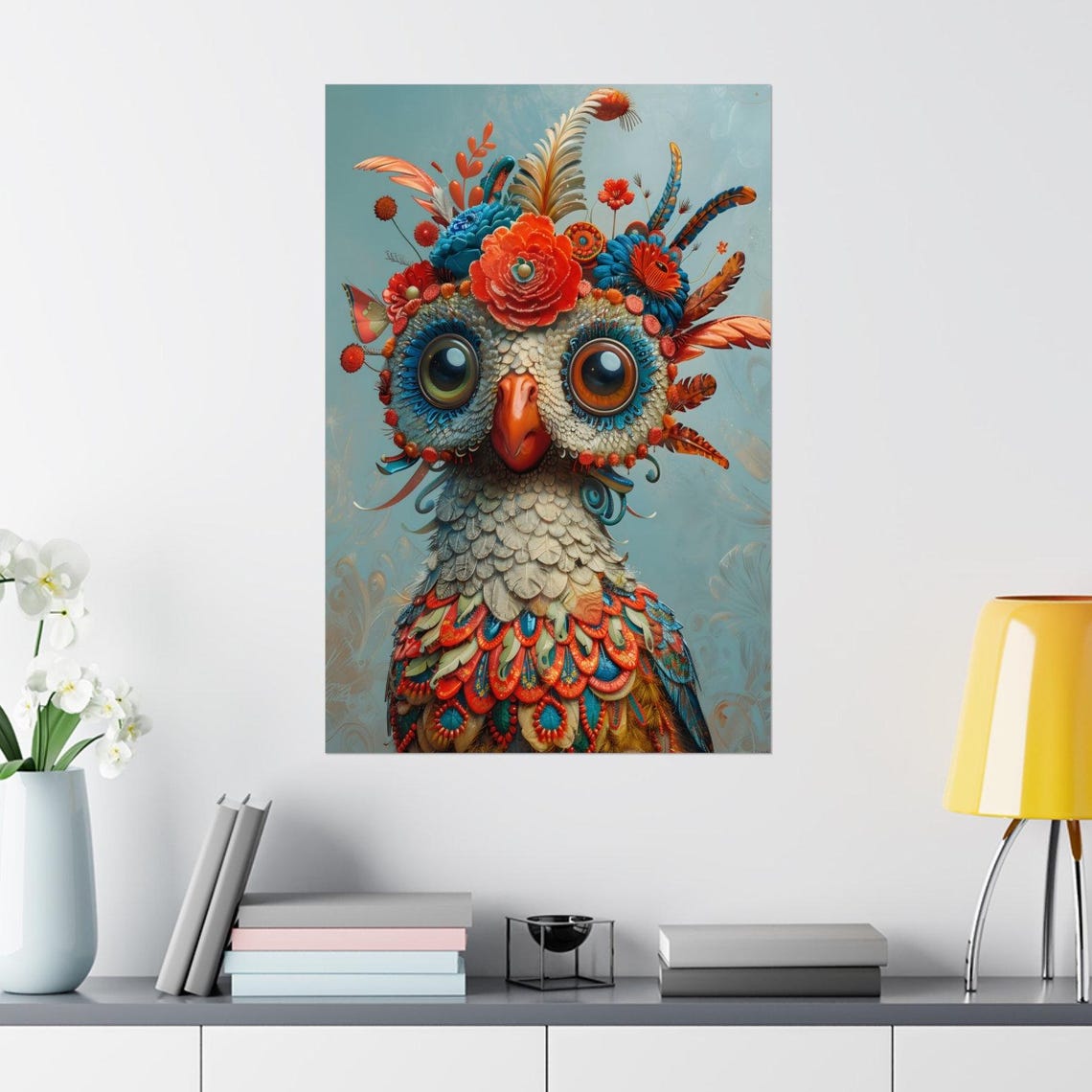 Whimsical Decorated Owl With Flower Headdress Nursery Art Poster