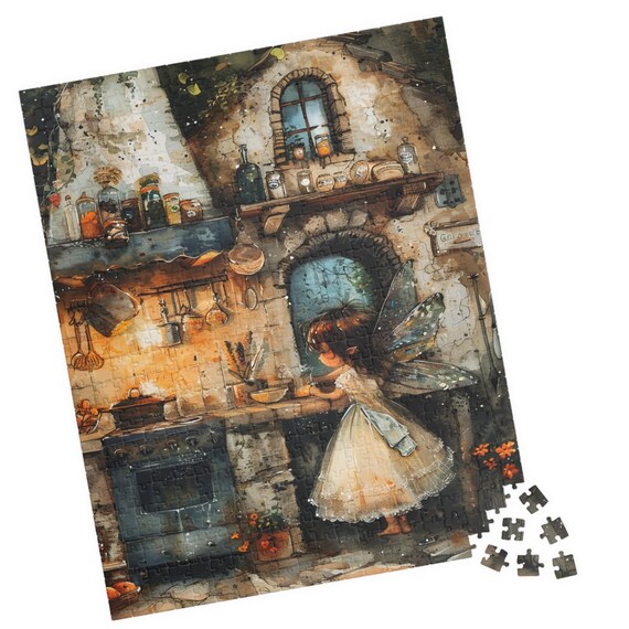 Watercolor Fairy Girl in a Rustic Cottage Kitchen with Hearth Print