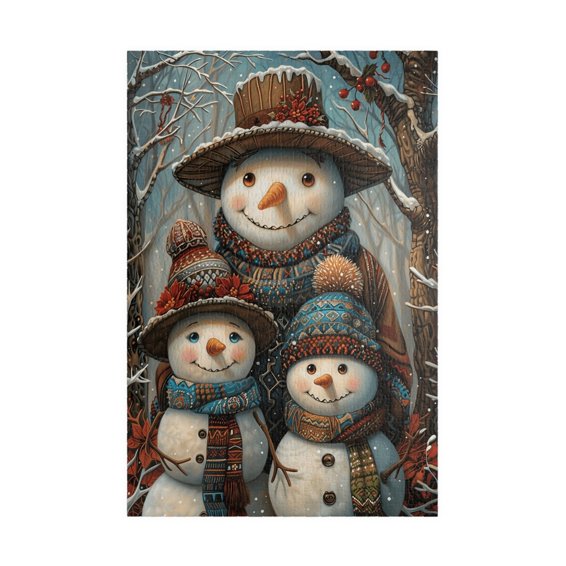 Snowdad and Two Snowkids in Cozy Knit Hats Snowing Woods Poster - Image 3