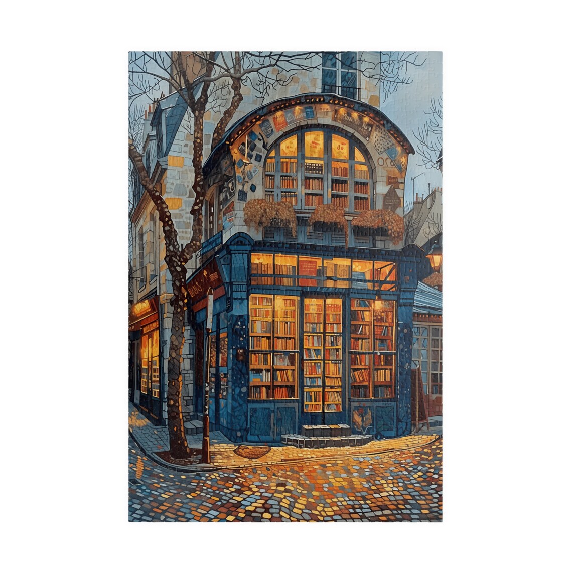 Parisian Bookstore At Dusk Cozy Street Scene Jigsaw Puzzle Print - Image 3