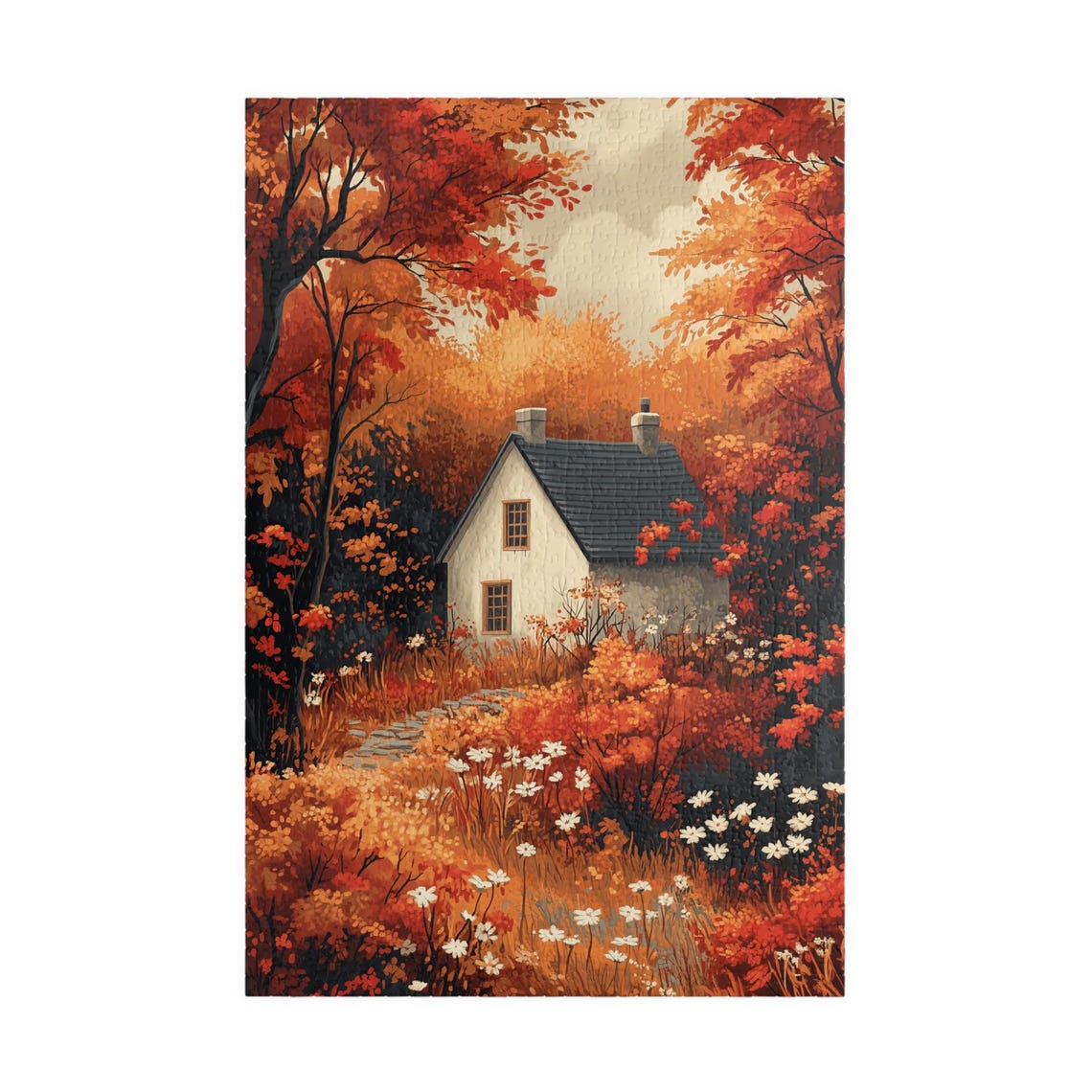 Cozy Cottage In A Fiery Autumn Forest With Wildflowers Art Print - Image 3