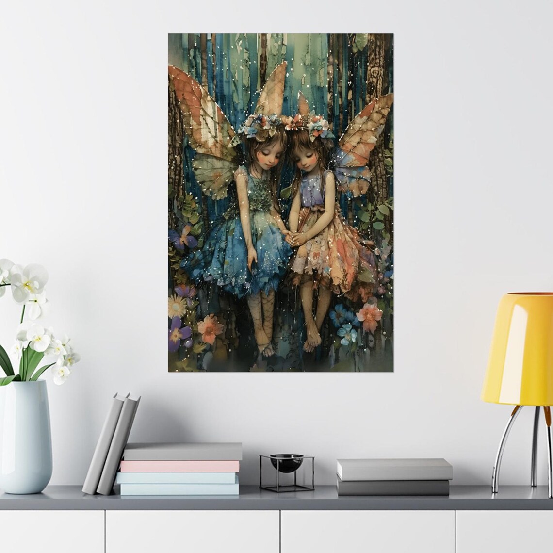 Two Watercolor Fairy Friends with Big Wings in a Flower Forest Poster