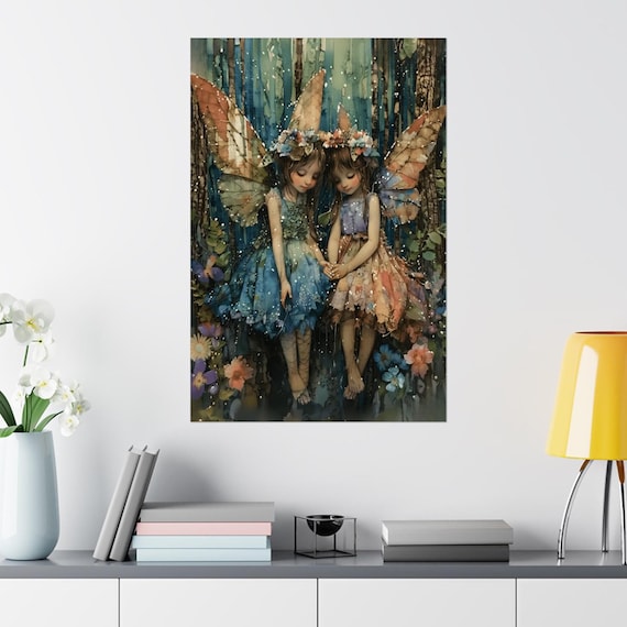 Two Watercolor Fairy Friends with Big Wings in a Flower Forest Poster