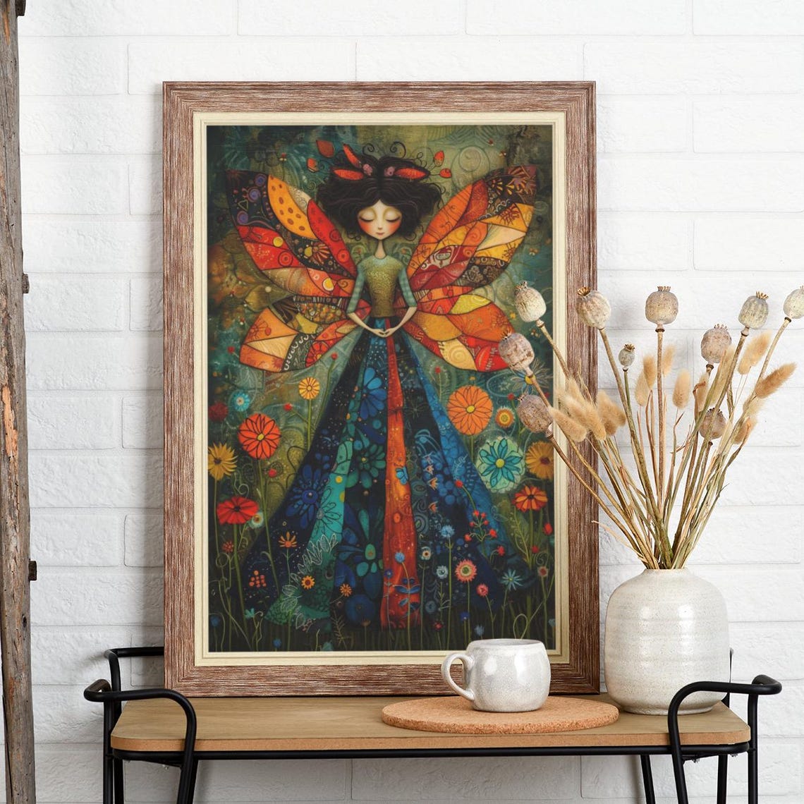 Patchwork Faerie with Orange Butterfly Wings Night Garden Art Poster - Image 2