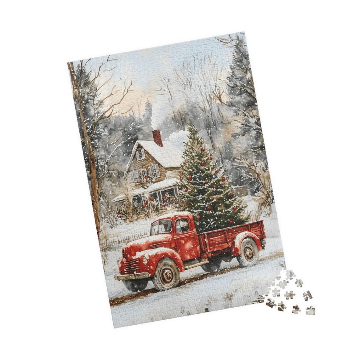 Vintage Red Truck Carrying Christmas Tree Past Farmhouse Snow Poster - Image 4