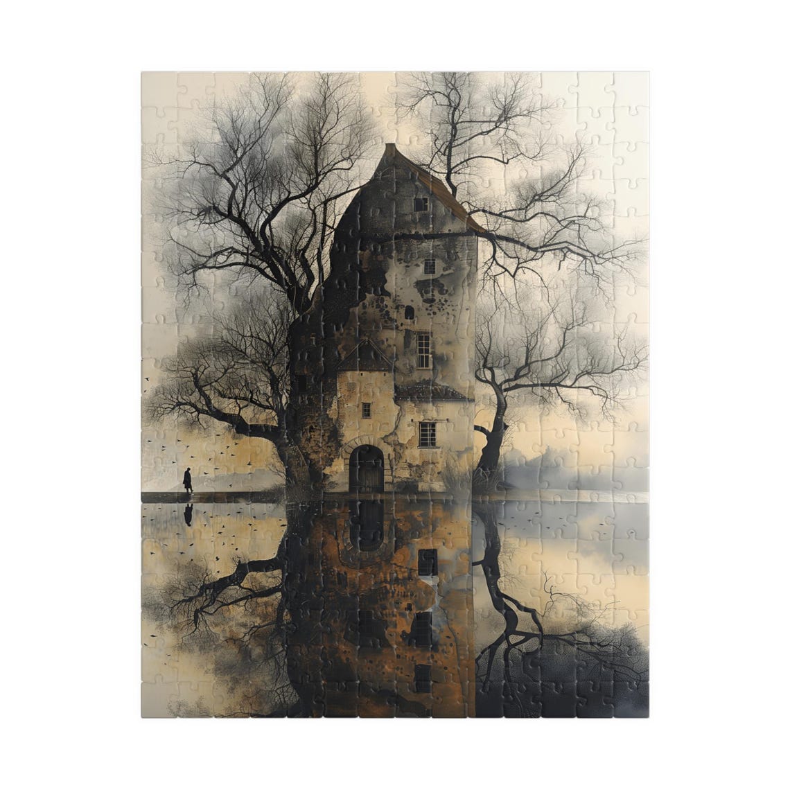 Moody Stone Lakeside House with Reflection in Misty Dawn Poster - Image 5