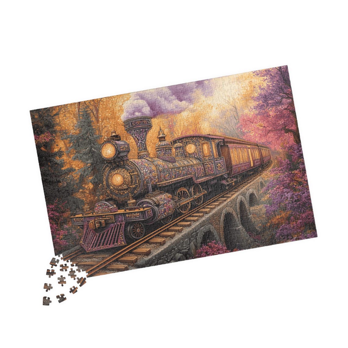 Ornate Fantasy Steam Train Crossing An Autumn Forest Bridge Poster - Image 4