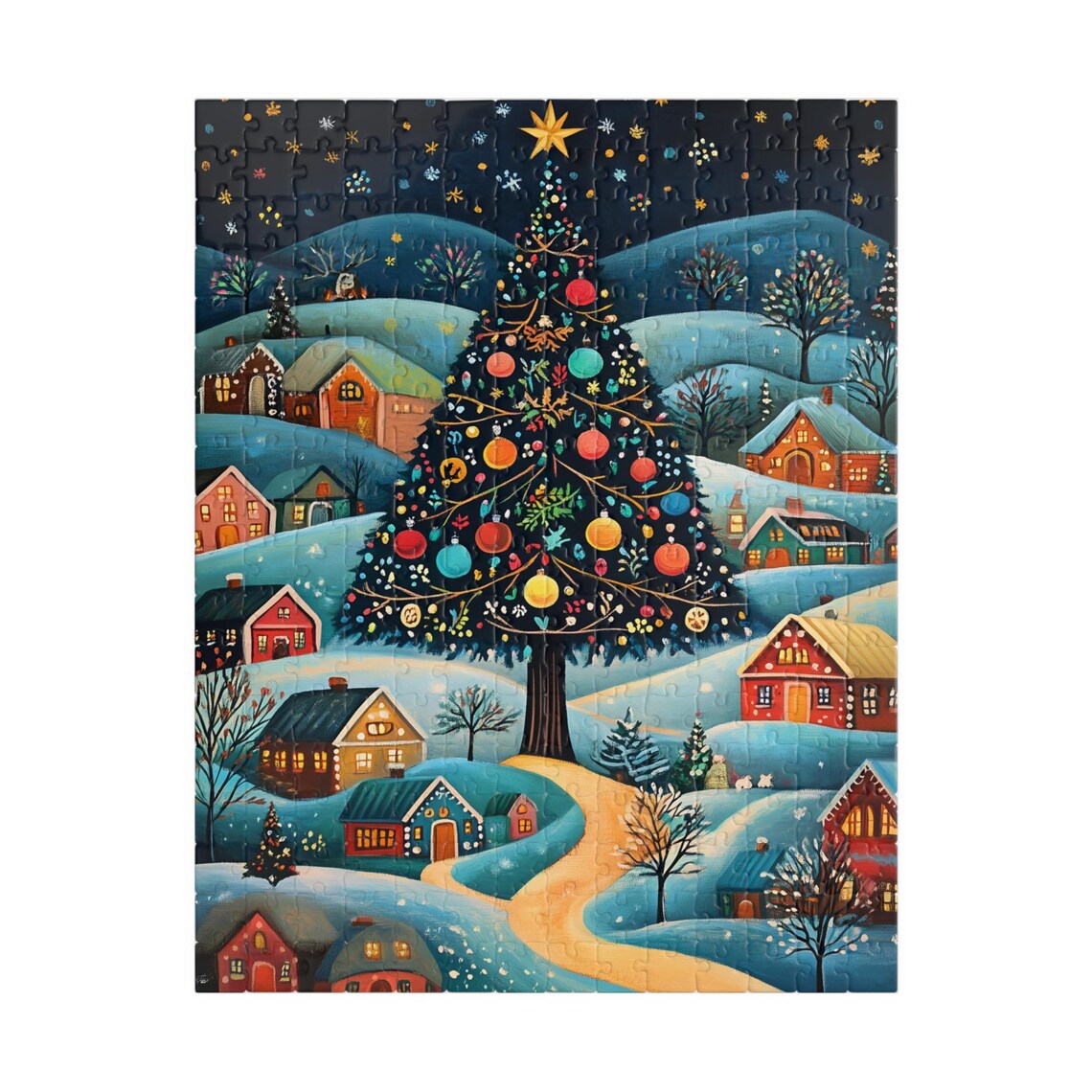 Folk Art Christmas Tree in a Snowy Night Village Festive Art Print - Image 5