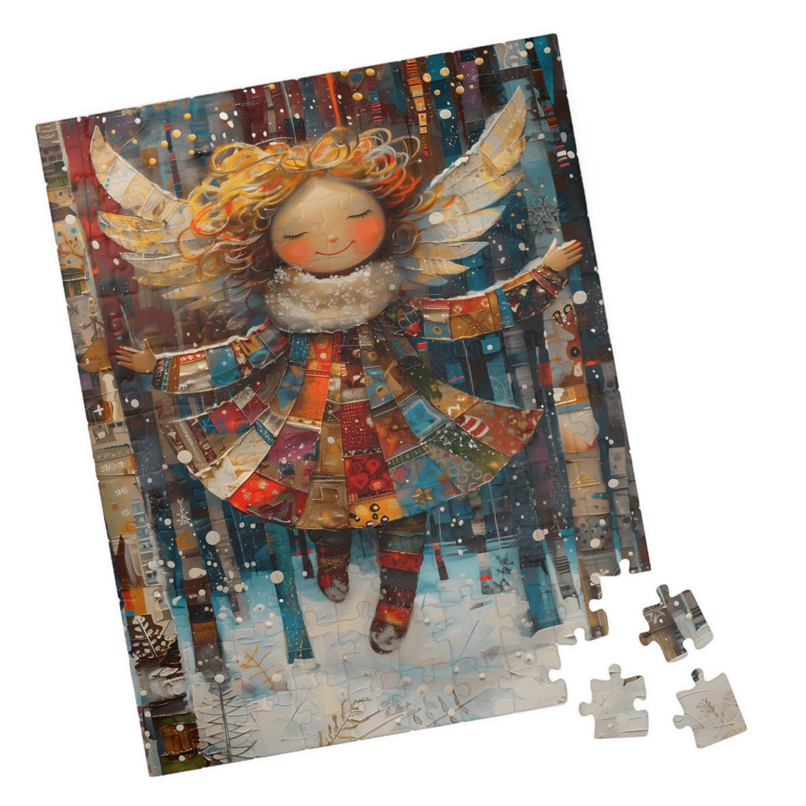 Joyful Christmas Angel Girl Patchwork Dress Snowy Night Poster - Image 6