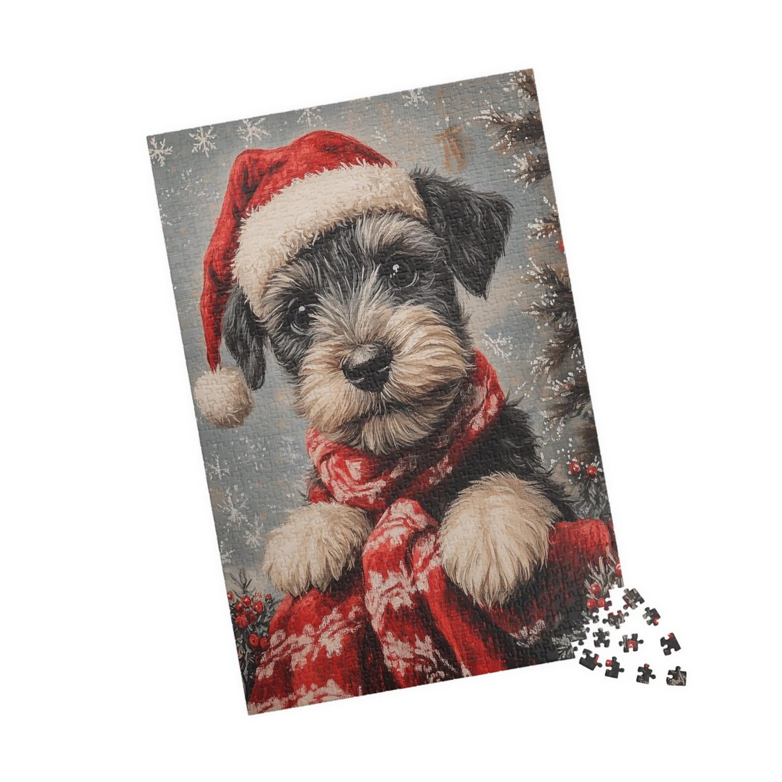 Schnauzer Puppy in Santa Hat and Red Scarf Christmas Dog Poster - Image 4