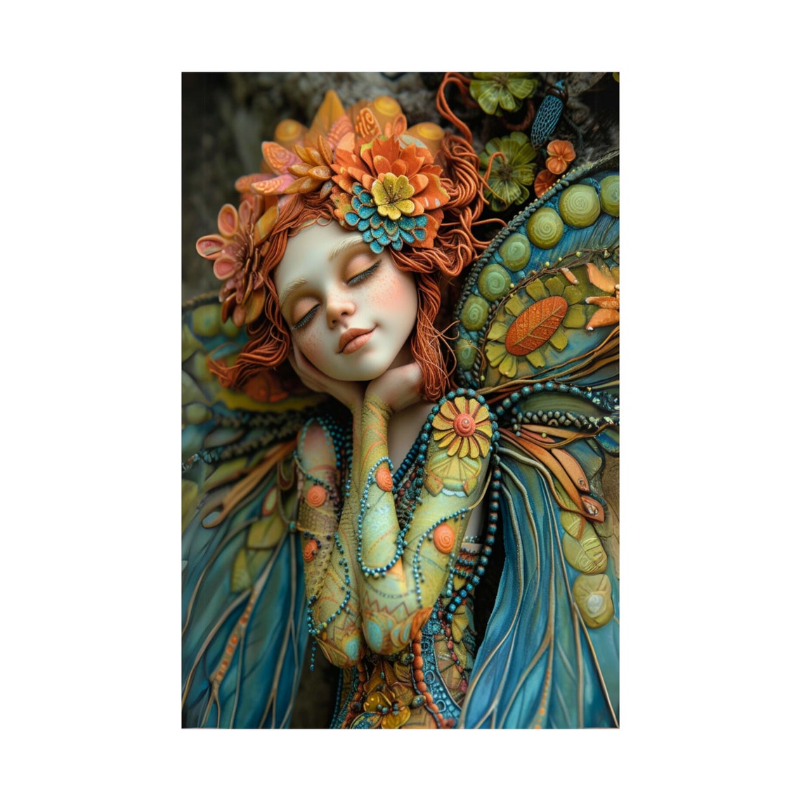 Peaceful Sleeping Red-Haired Fairy With a Flower Crown Poster - Image 4