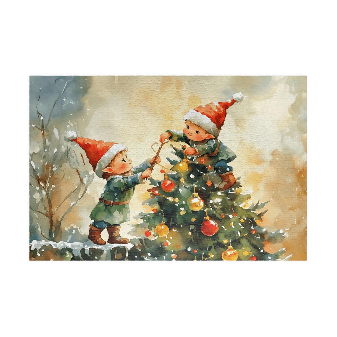 Two Sweet Elves Decorating A Small Christmas Tree Watercolor Print - Image 3