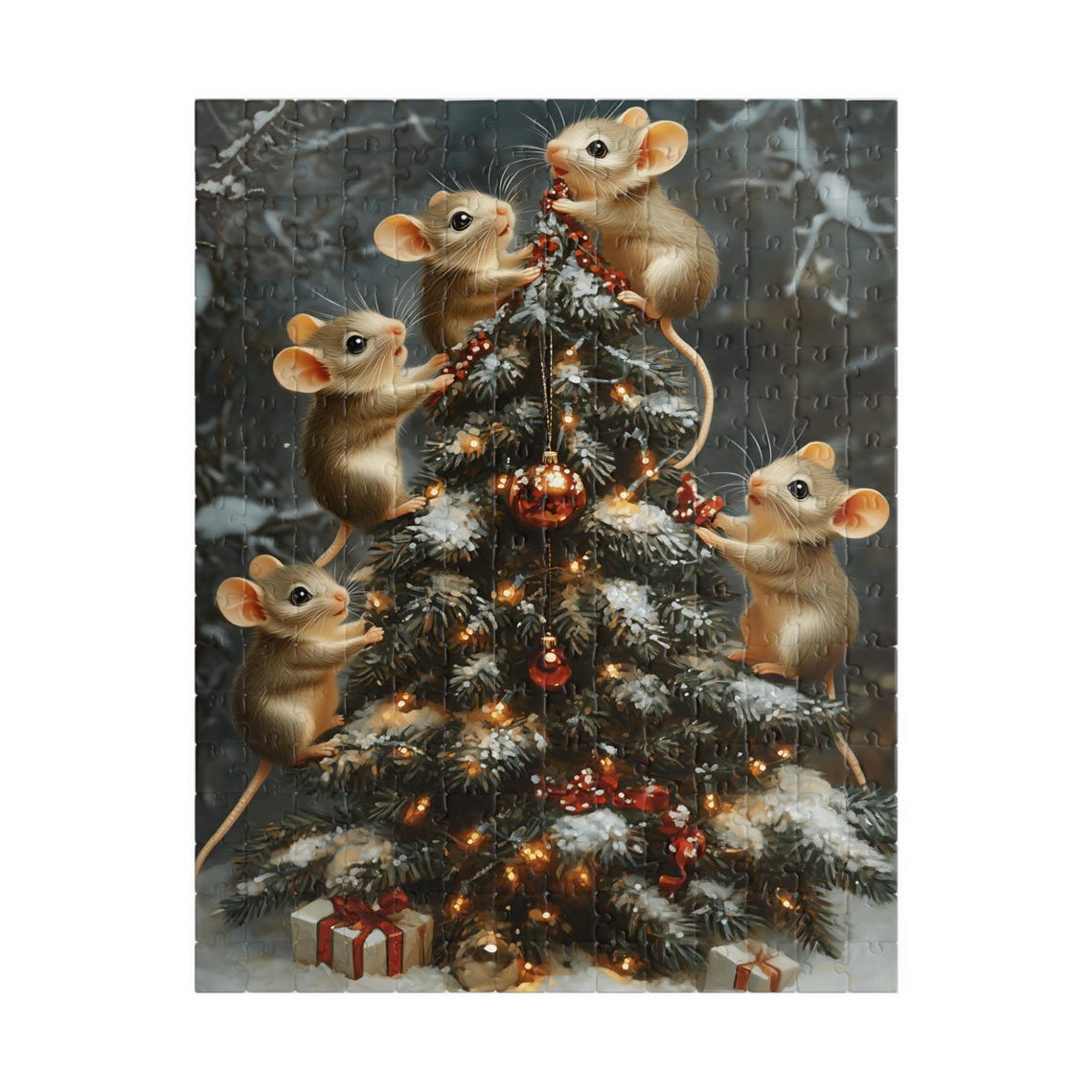 Cute Mice Decorating a Snowy Christmas Tree with Red Baubles Poster - Image 5