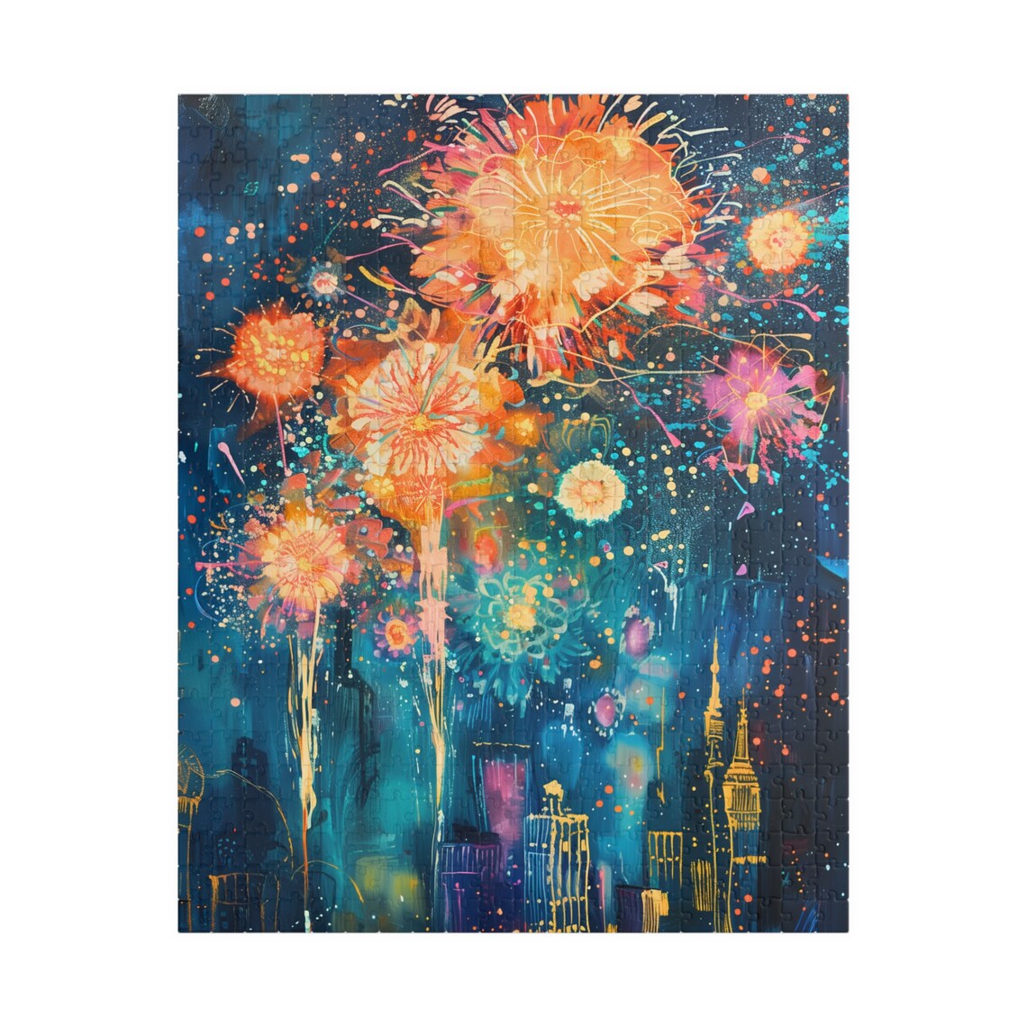 Abstract Fireworks over City Skyline at Night Celebration Art Print - Image 5