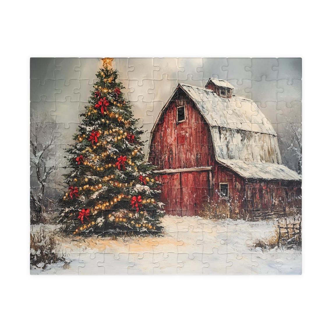 Red Barn With Decorated Christmas Tree Red Bows Lights Winter Poster - Image 5