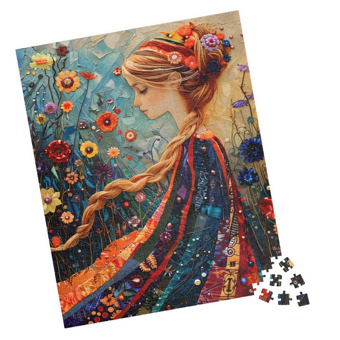 Mosaic Style Woman Portrait in a Blooming Flower Garden Poster