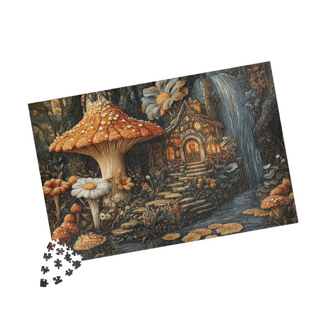 Enchanted Mushroom Cottage By A Waterfall In A Fairy Garden Poster - Image 4