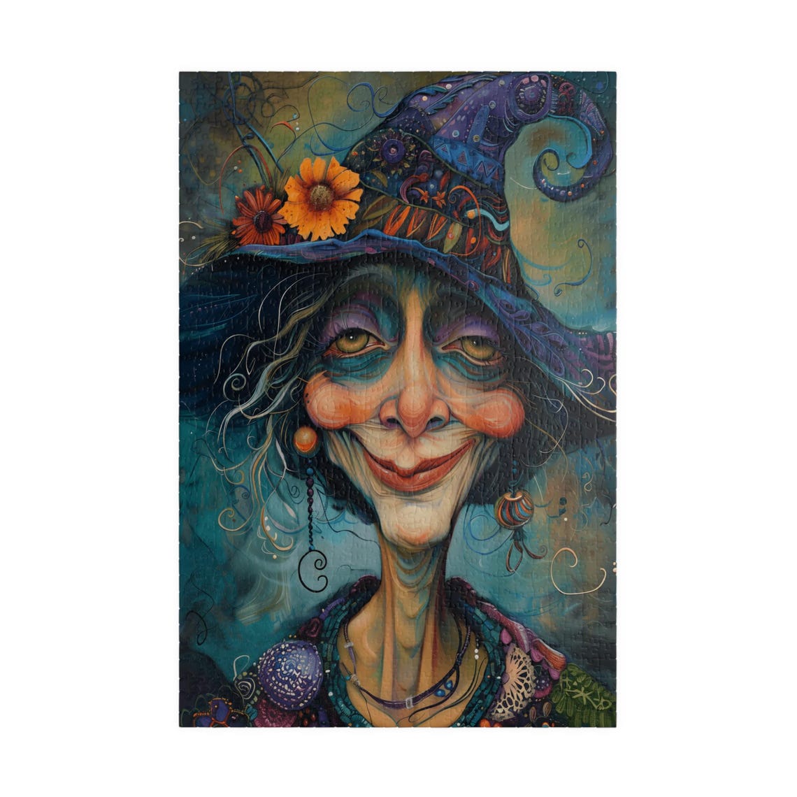 Smiling Witch Wearing a Patterned Purple Hat Portrait Poster - Image 4