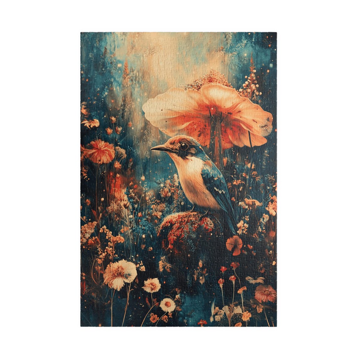Small Songbird Among Giant Flowers Teal Painterly Art Poster - Image 3