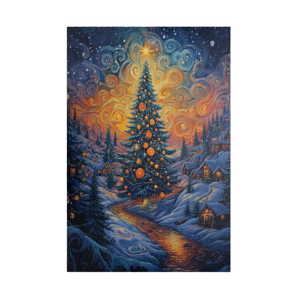Whimsical Christmas Tree in Snowy Village Swirling Night Sky Poster - Image 3