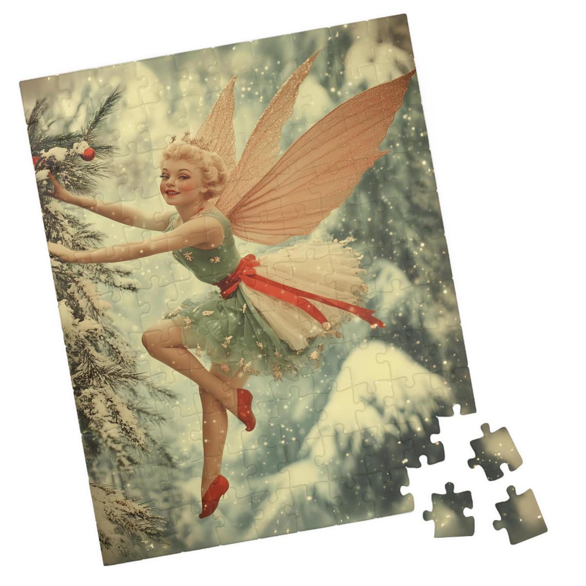 Vintage Fairy In Green Dress Decorating A Snowy Tree Art Print