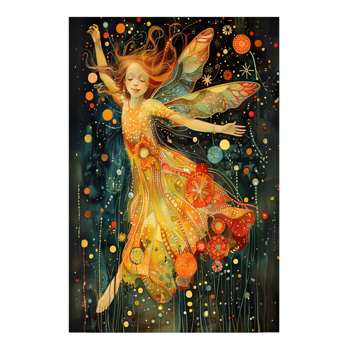Pair of Dancing Fairy Girls in Golden Dresses Night Garden Poster - Image 3