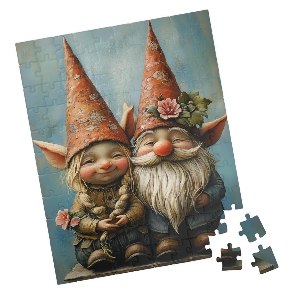 Cute Gnome Couple Girl Braids White Beard Floral Hats Poster