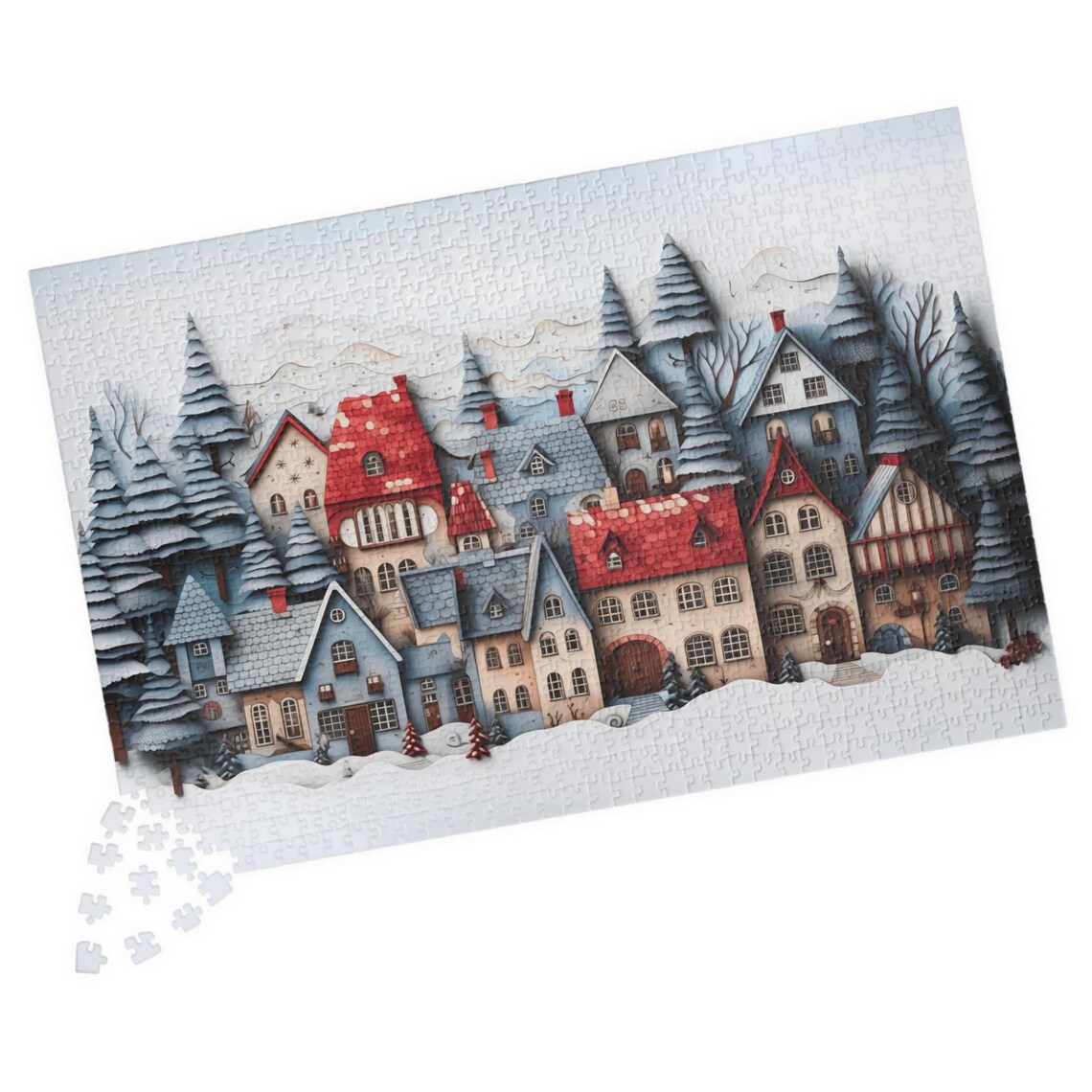 Paper Cut Snowy Village Red Roof Houses Winter Folk Art Poster