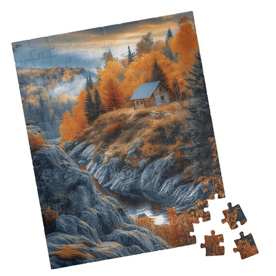 Log Cabin on a Golden Autumn Hill Above a Rocky Stream Art Print