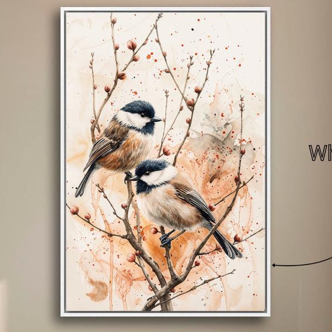 Two Chickadees Perched Berry Branches Delicate Watercolor Bird Poster