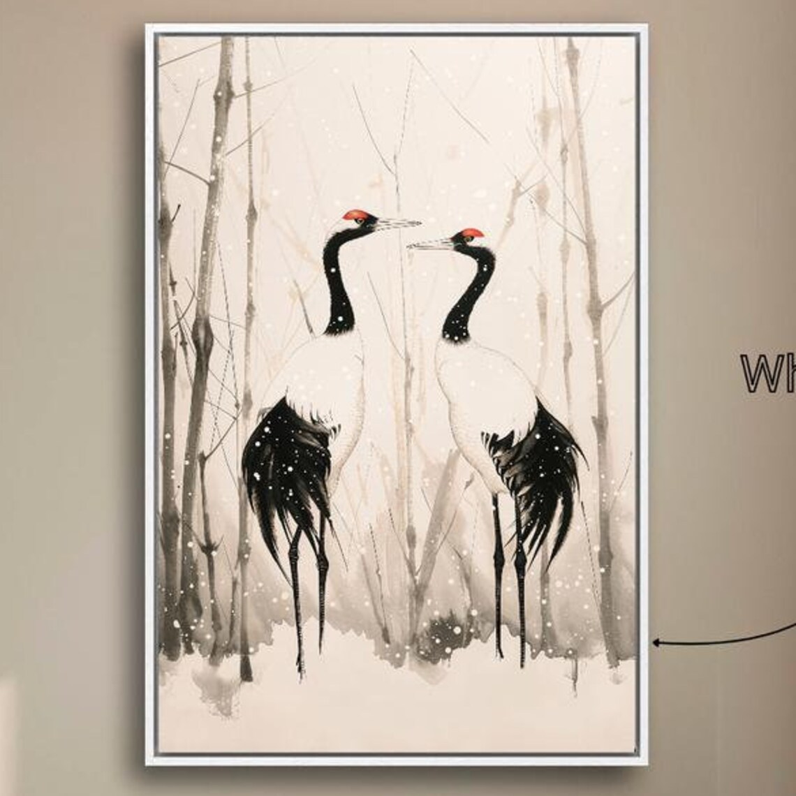 Two Red Crowned Cranes Snowy Bamboo Japanese Ink Style Poster