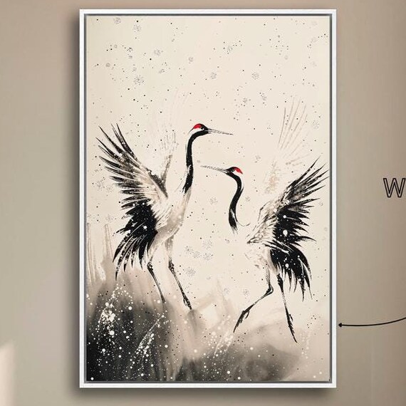 Dancing Cranes Japanese Ink Wash Black White Oriental Bird Art Poster