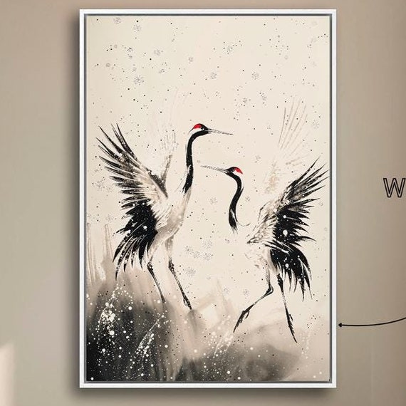 Elegant Crane Dance Framed Wall Art Japanese Cranes Painting Print Black And White Oriental Bird Wall Decor Zen Poster Ready To Hang