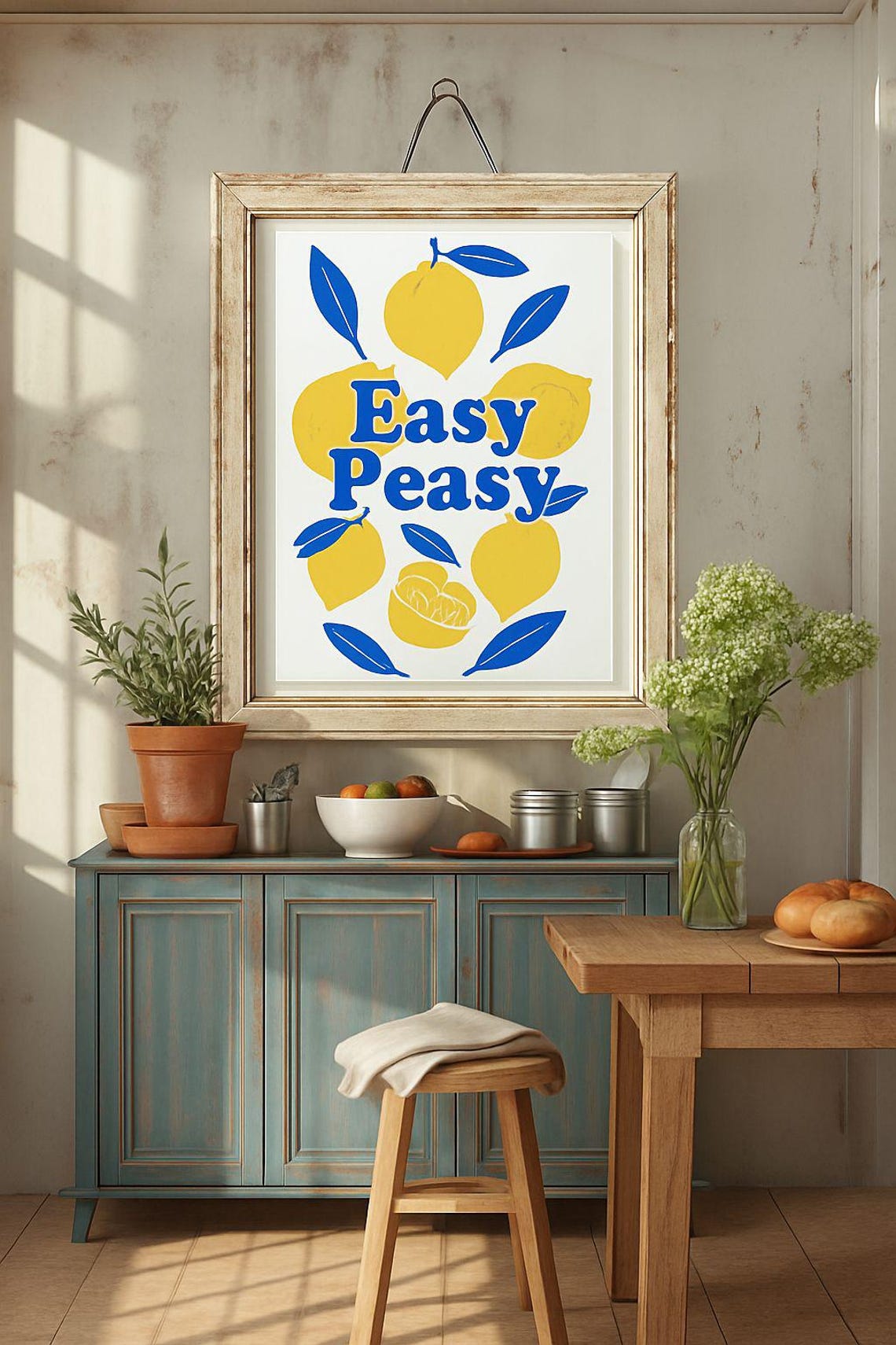 Easy Peasy Lemon Slogan Retro Blue Kitchen Typography Poster