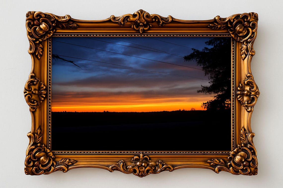 Sunrise Over Open Field With Fiery Orange Clouds Landscape Poster
