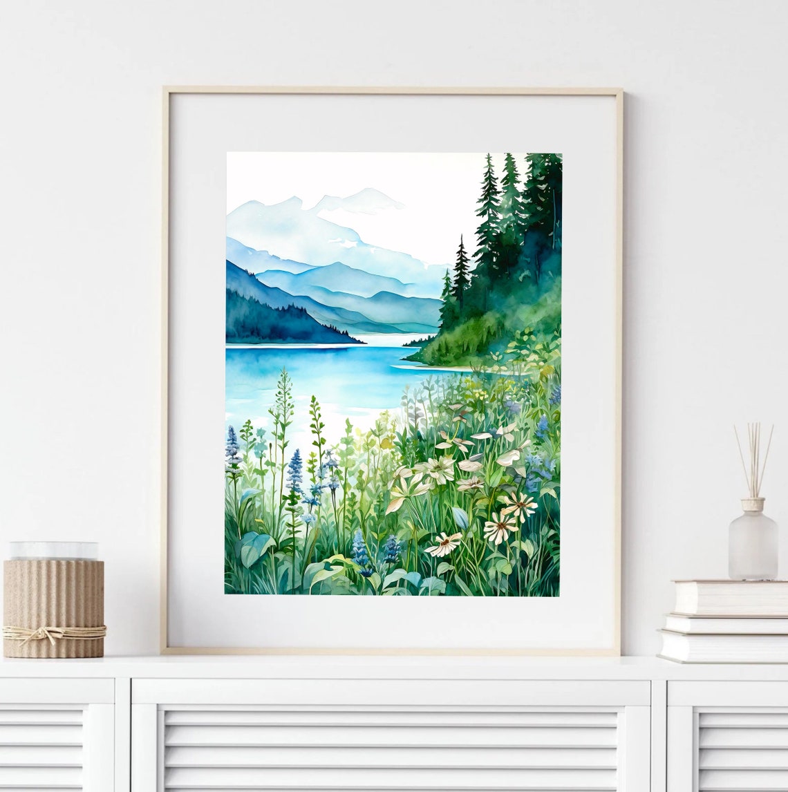 Mountain Lake Watercolor Wildflower Meadow Blue Peaks View Poster - Image 2