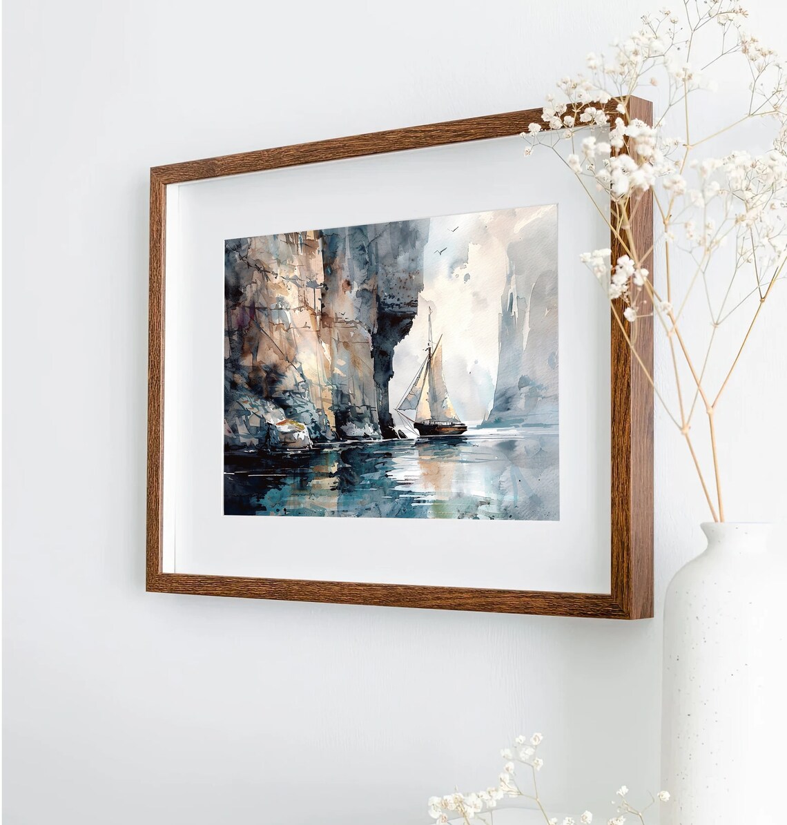 Irish Cliffs With Sailing Boat Watercolor Art Print - Image 4