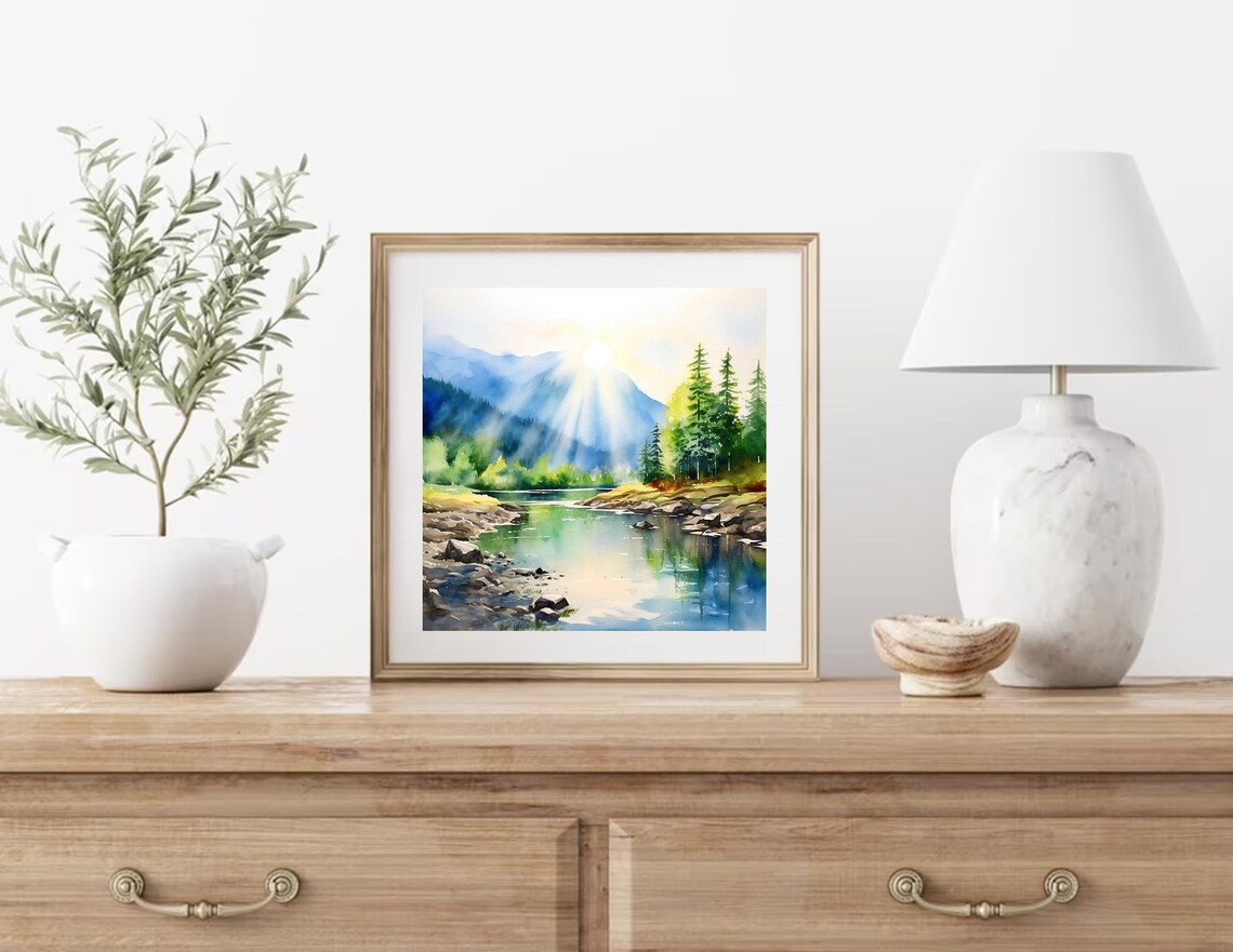 Mountain River In The Sun Watercolor Art Print - Image 2