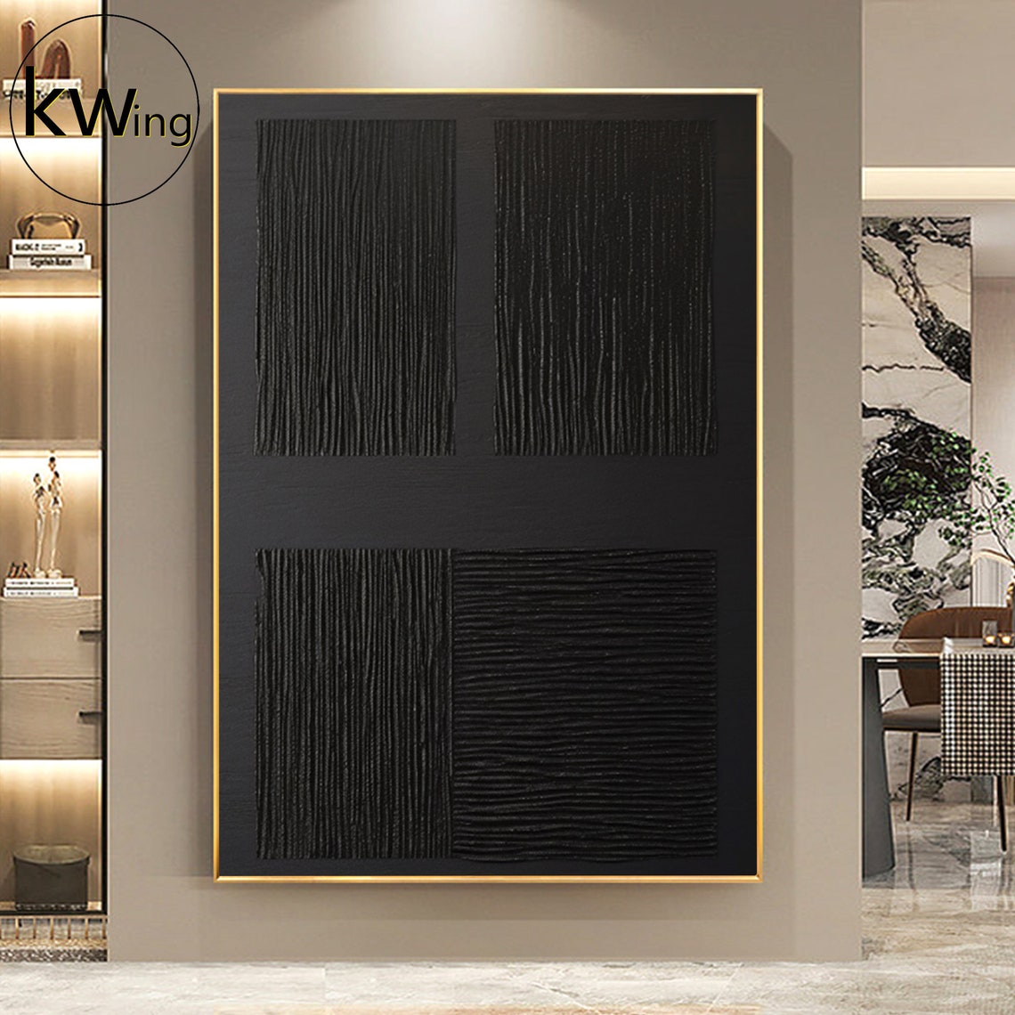 Black Wabi Sabi Four Panel Line Texture Abstract Painting Art Poster - Image 3