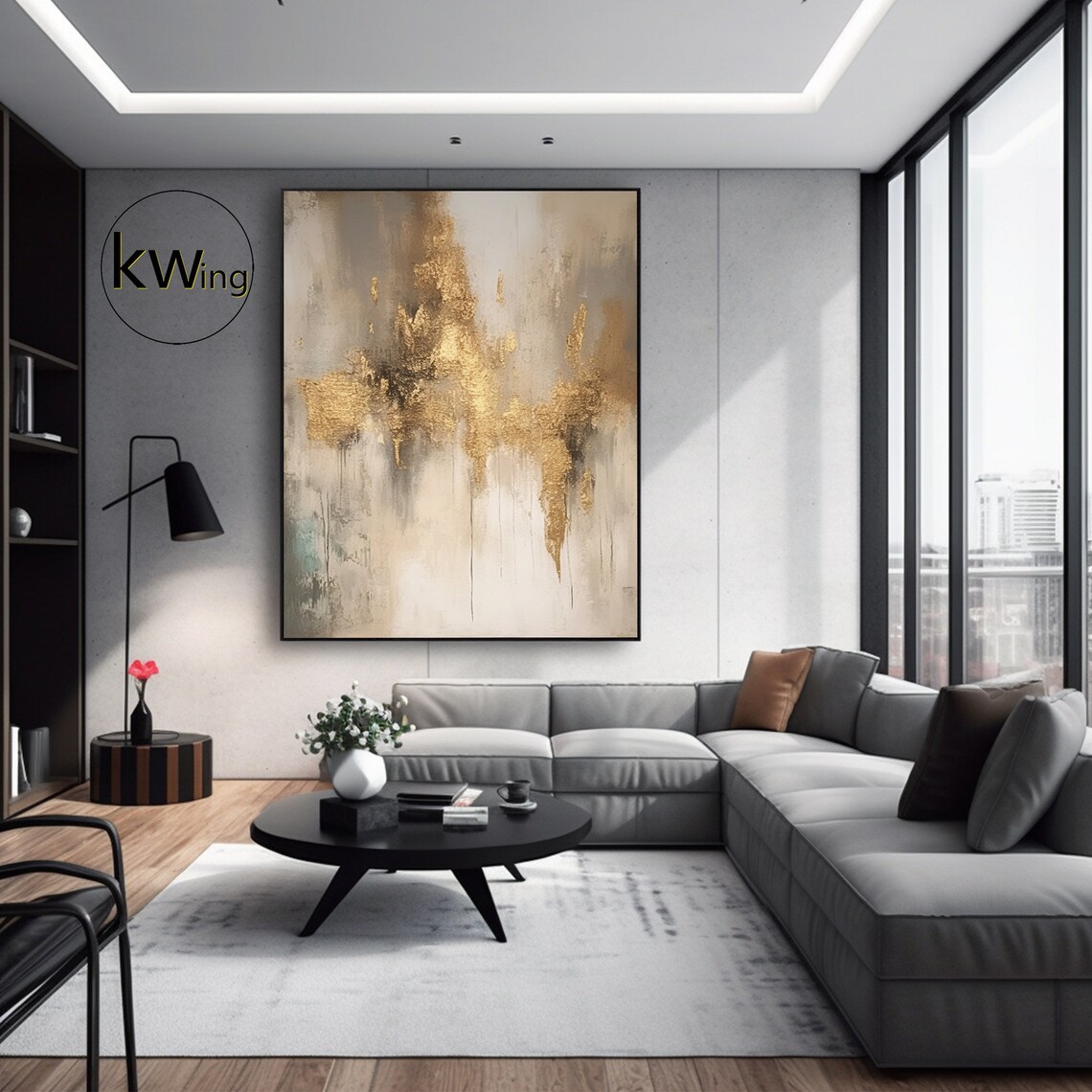 Beige Gold Leaf Abstract Painting Dripping Metallic Elegant Art Poster - Image 2