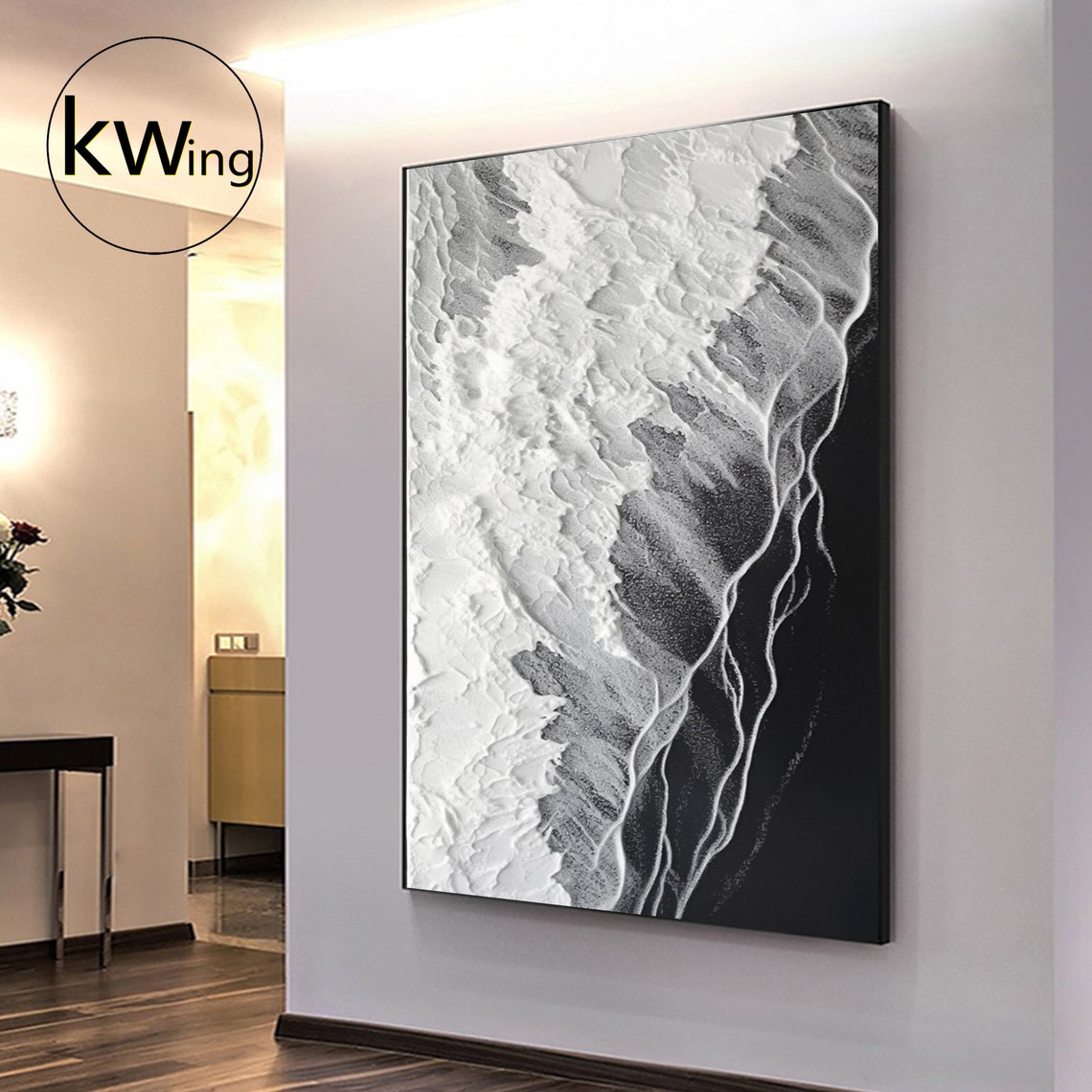 Black White Ocean Wave Aerial View 3D Texture Abstract Art Poster - Image 5