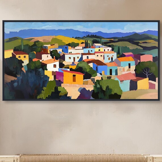 Colorful Mexican Village Painting Hillside Houses Mountains Wall Poster