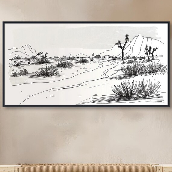 Black And White Desert Landscape Western Wall Art Vintage Desert Drawing Southwestern Framed Or Gicle Print Old Mesa