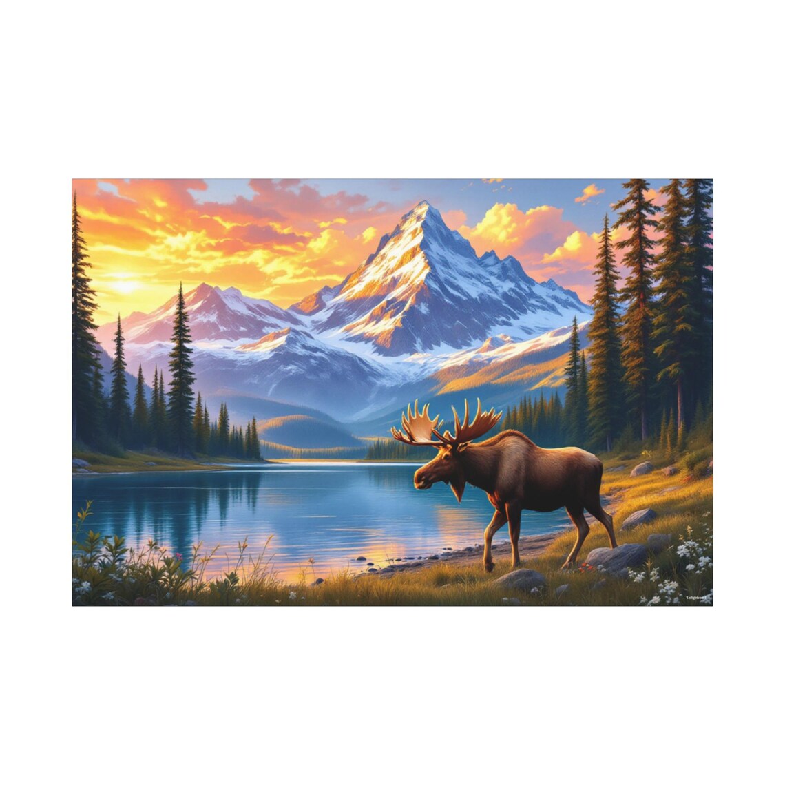 Moose Walking A Lakeside Meadow At Fiery Sunset With Snowy Peaks Poster - Image 3