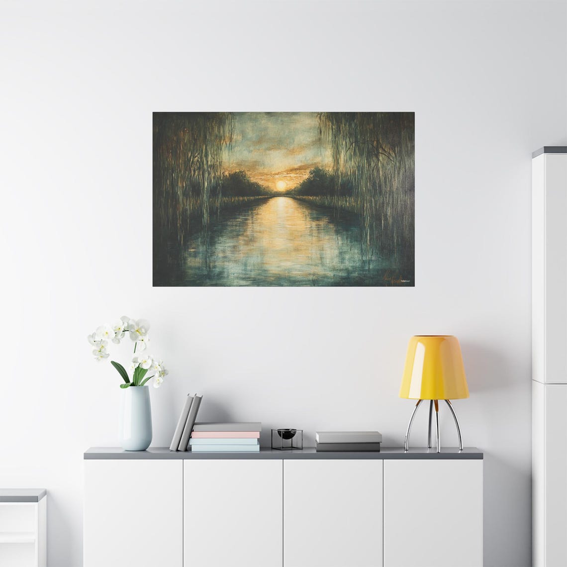 Weeping Willows Twilight River Sunset Golden Reflection Art Poster